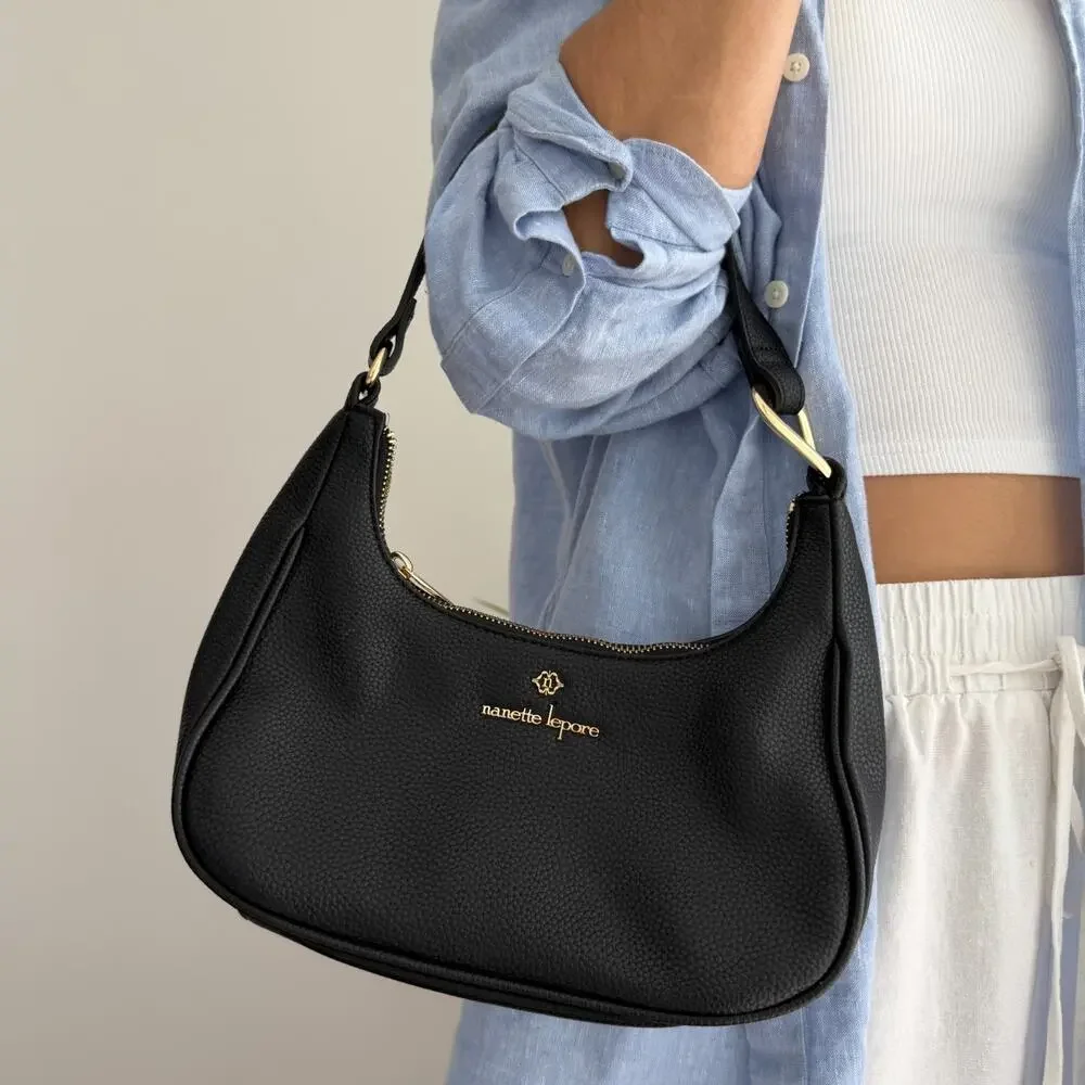 Nanette Lepore Black Pebbled Leather Shoulder Bag with Gold Logo